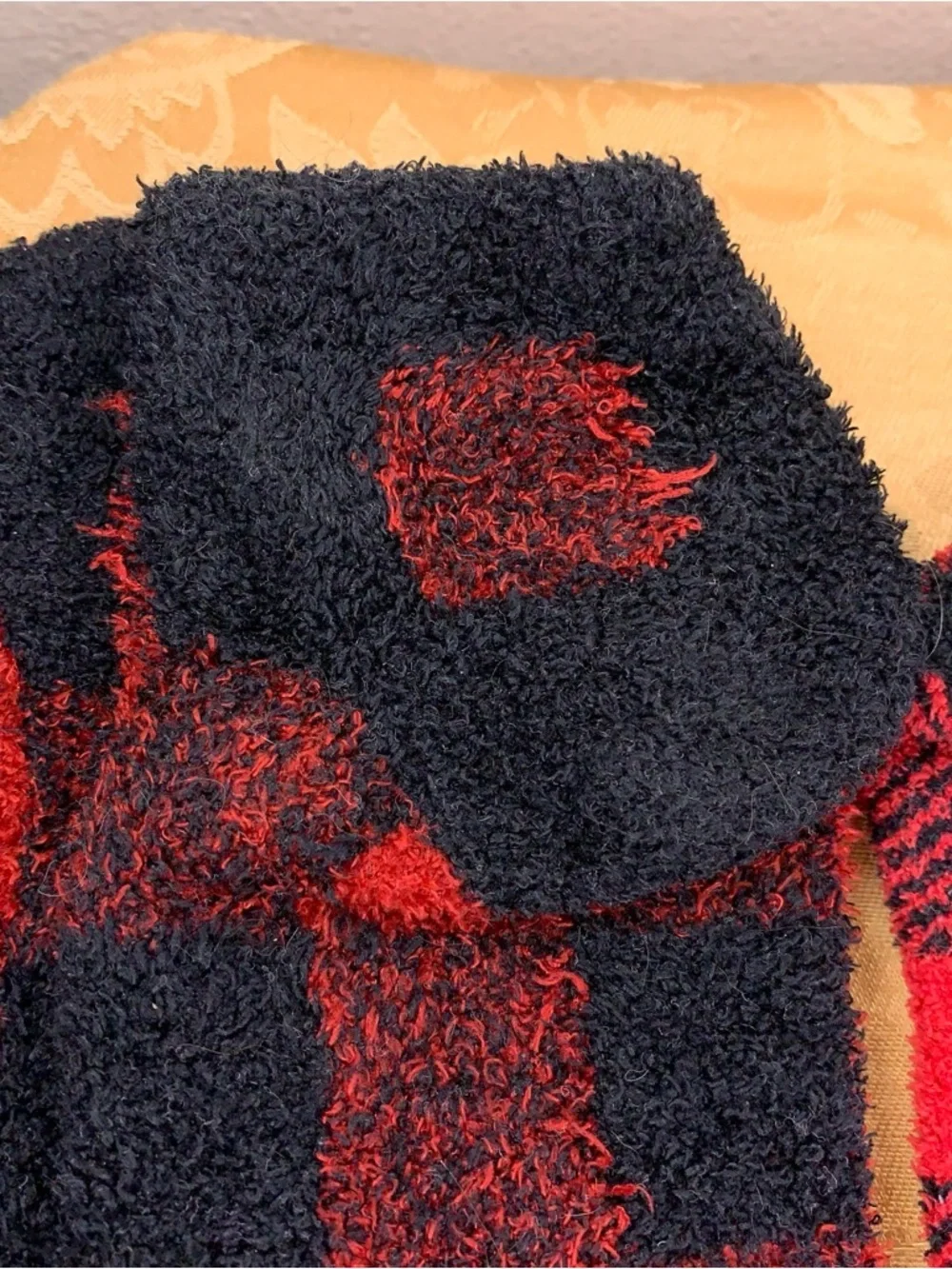 Lot Of 2 Red And Black Plaid Fuzzy Socks Womens Cozy Flannel Print Grips